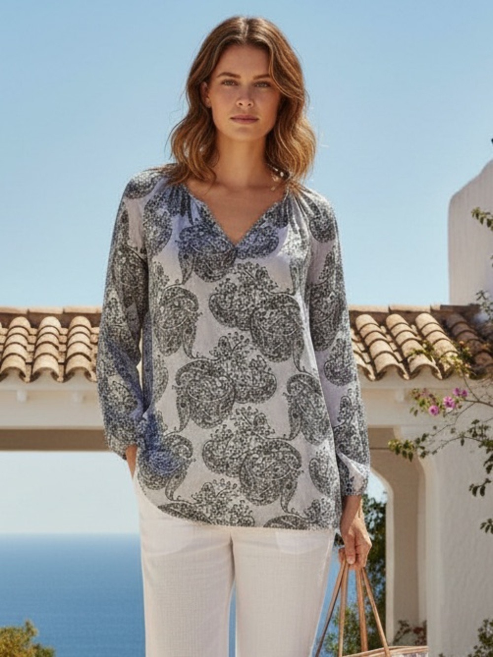 J. Jill Pure Jill Paisley EcoVero Viscose V-Neck Tunic Blouse Blue White Size L